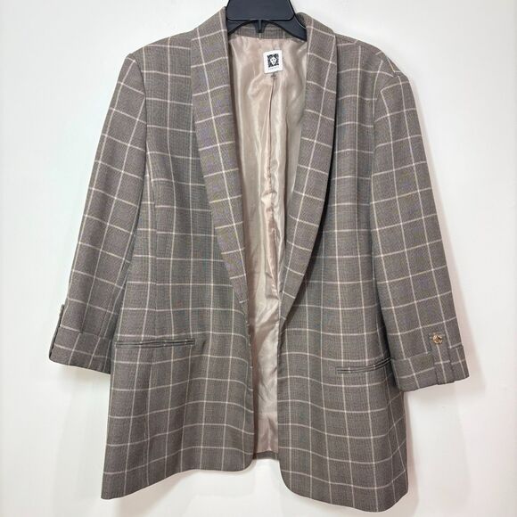 Anne Klein Tan Brown Plaid Windowpane Blazer Jacket XL Open Front Old Money - Picture 1 of 10